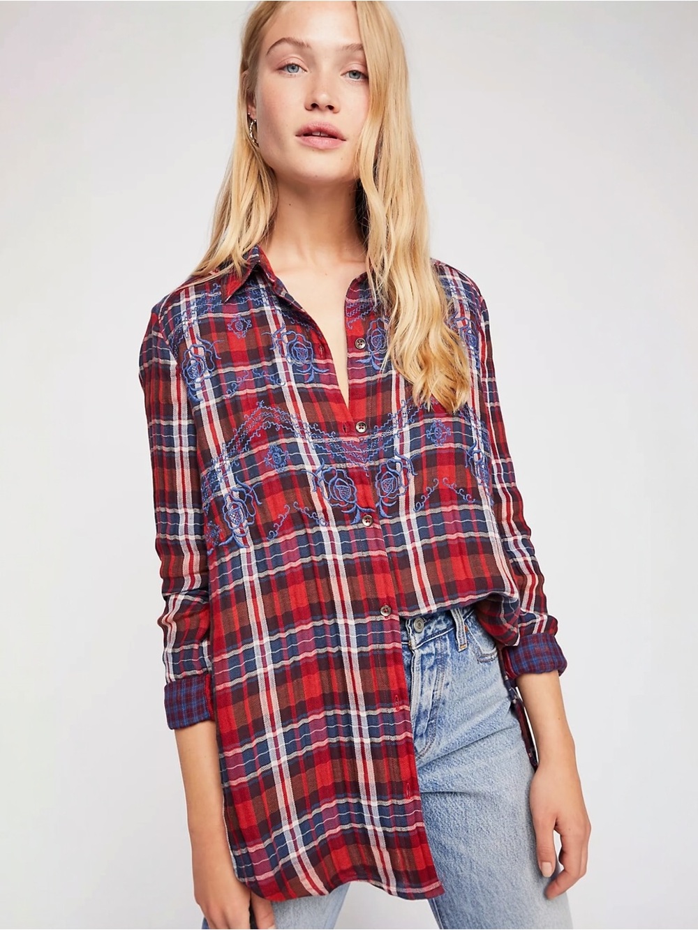 Free People Magical Plaid Embroidered Button Down Shirt Red Blue M Seen on TV